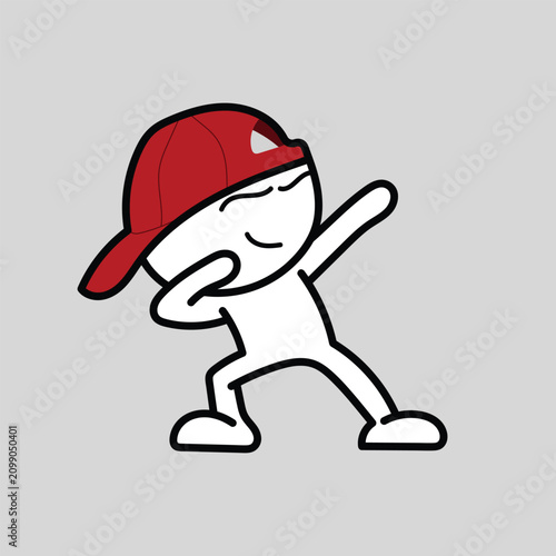 Cartoon character wearing a red baseball cap performs a trendy dab dance move on a plain gray background.