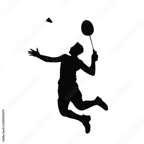 Badminton player silhouette strikes a shuttlecock mid-air during an intense match against a white sky.