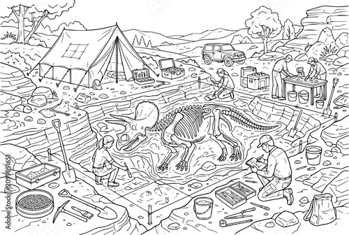 Dinosaur Paleontology Dig Site Coloring Page with Triceratops Skeleton and Scientists