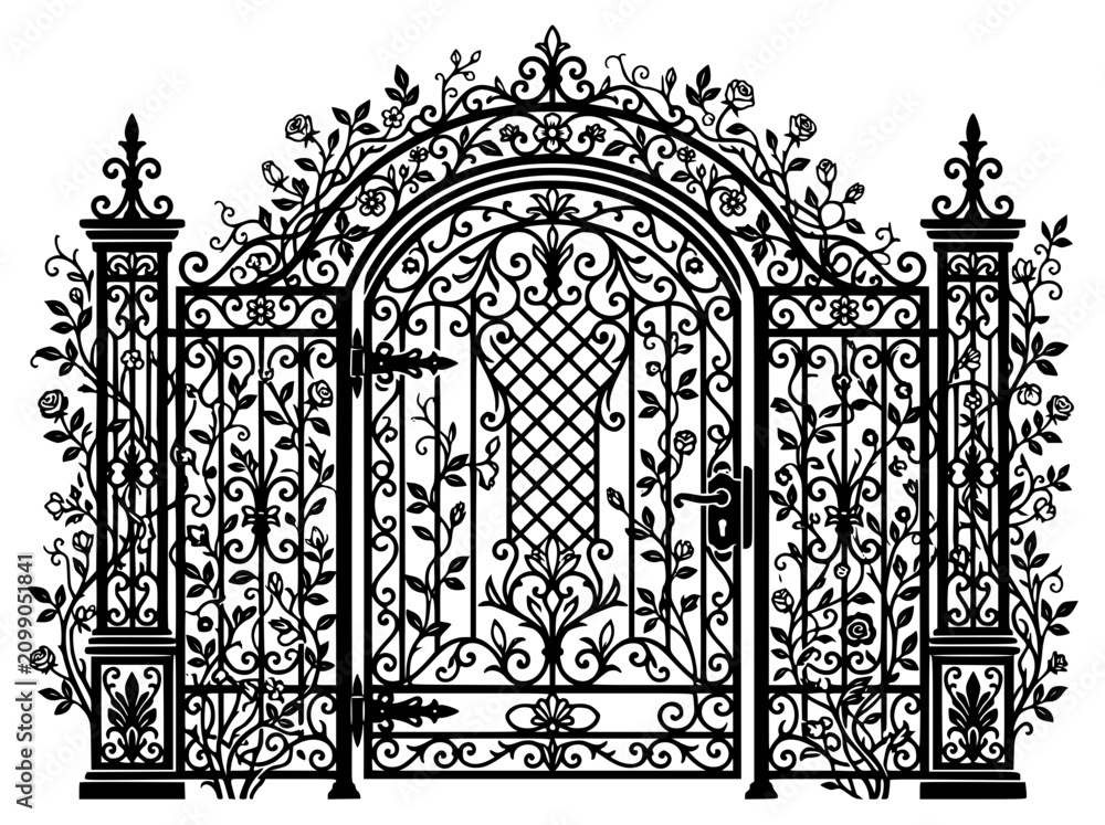 Fototapeta premium Ornate Wrought Iron Garden Gate Silhouette with Decorative Rose Vines