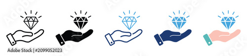 Hand with diamond icon for value, luxury, wealth, premium quality, jewelry and precious gemstone concept. Vector illustration and transparent png.