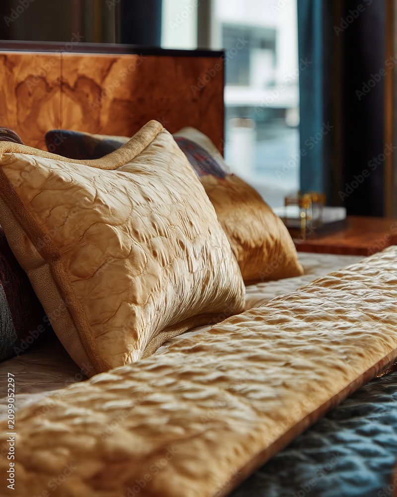 Obraz premium Luxurious Bed with Textured Pillows and Elegant Headboard