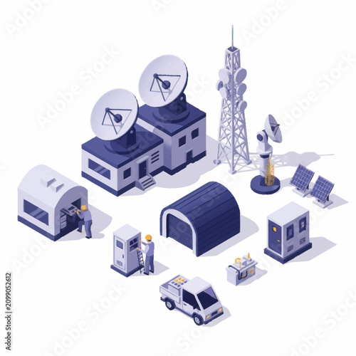 Isometric illustration of satellite communication station with equipment.