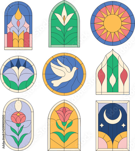 Obraz na płótnie Stained glass window vector icon set, medieval church gothic arches and sacred g