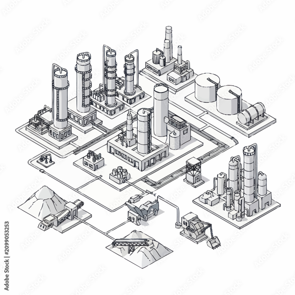 Obraz premium Isometric industrial factory complex with pipelines and storage tanks.
