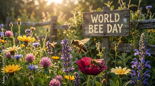 World Bee Day Sign with Bees and Colorful Flowers in Sunlit Garden