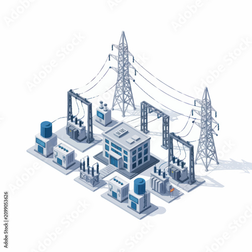 Isometric view of a modern power plant with transmission lines.