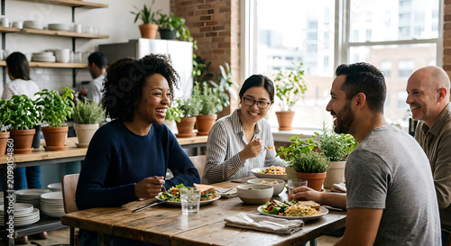 Diverse colleagues enjoying lunch together in modern office
