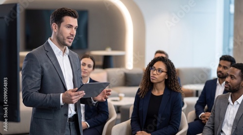 Confident young businessman holding tablet and speaking during presentation to diverse corporate audience, male coach leading seminar or workshop in modern office conference hall.