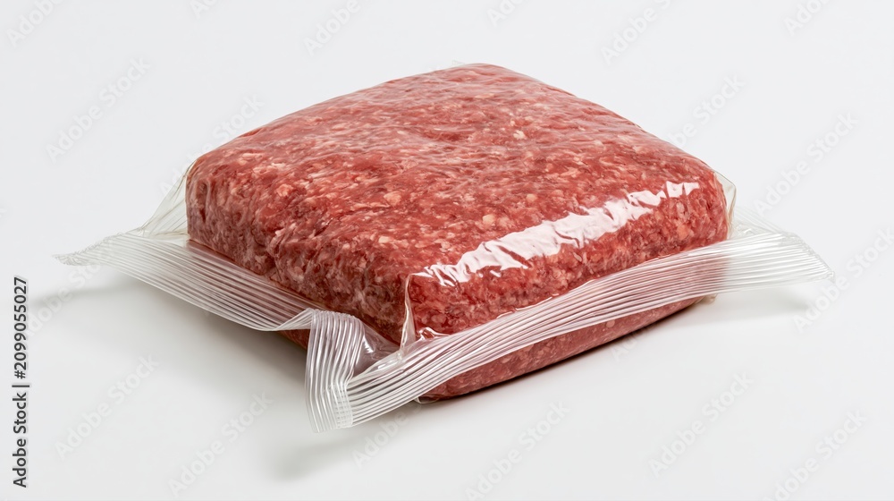 Fototapeta premium Viande hachée crue emballée sous vide sur fond blanc
