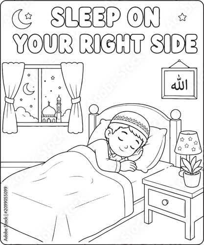 Islamic manners illustration of a child sleeping on their right side coloring book style