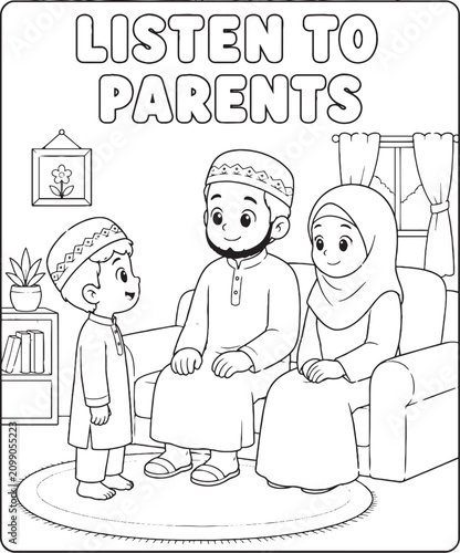Islamic family listening to parents illustration for childrens coloring book black and white