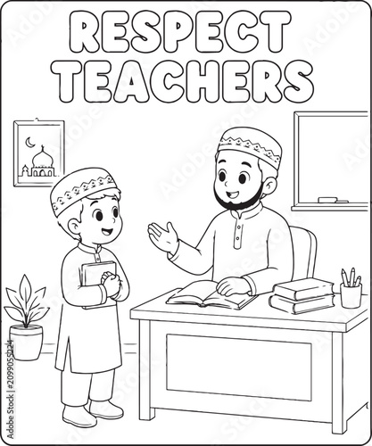 Islamic manners coloring page with teacher and student black and white line art illustration