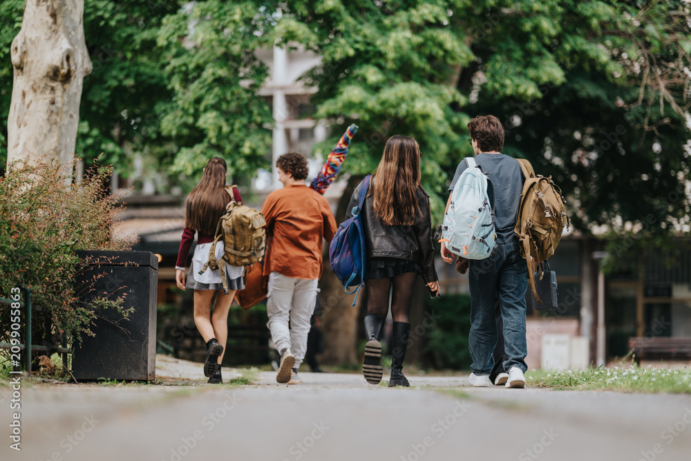 Obraz premium High school students walk away down a tree-lined campus path carrying backpacks. A group of teenage friends stroll together between classes in a relaxed outdoor setting.