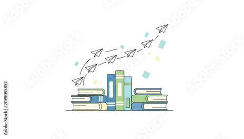Paper airplanes soaring above a stack of colorful books symbolizing knowledge and education with a light minimalist design.
