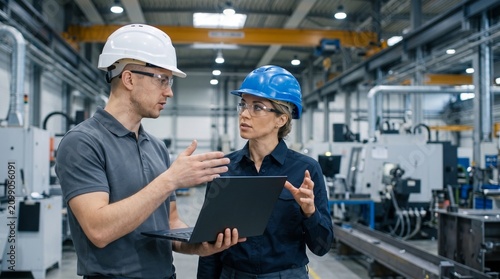 Professional industrial engineers in hard hats discussing work project on laptop in modern factory, male and female technical managers supervising manufacturing plant production operations.