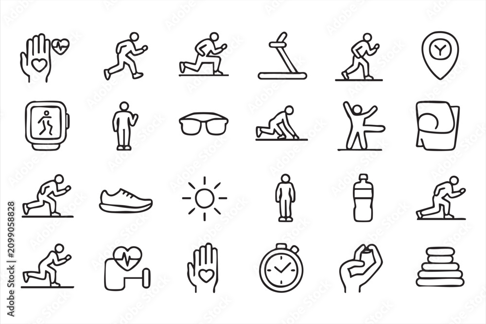 Fototapeta premium Running and Endurance Icon Set with Smartwatch, Stopwatch and Sports Equipment