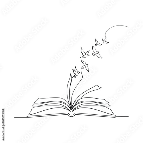 Open book with flying birds continuous line drawing on white background