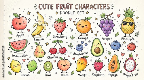 A colorful illustration featuring various fruits, including apples, bananas, strawberries, 
