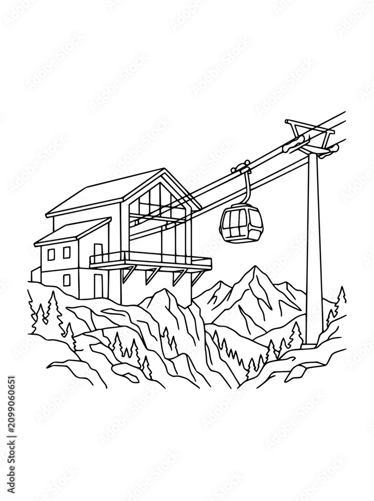 Fototapeta premium Cable Car Gondola Lift at Mountain Station Coloring Page Line Art