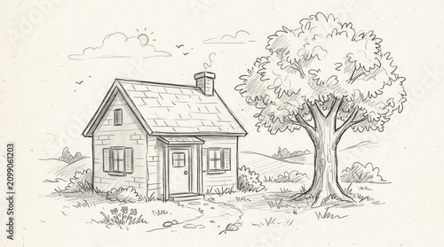 A quaint, small house with a tree in front of it, set against a backdrop of a cloudy sky and a few scattered birds in flight. 