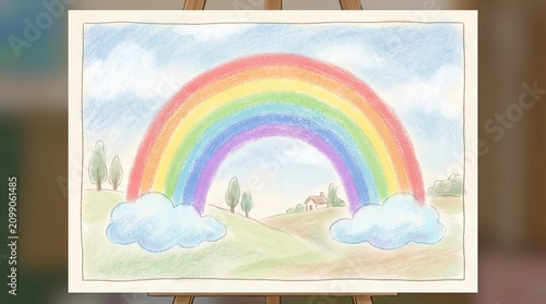 A colorful rainbow arches over a serene landscape with a house and trees, set against a blue sky with fluffy white clouds.