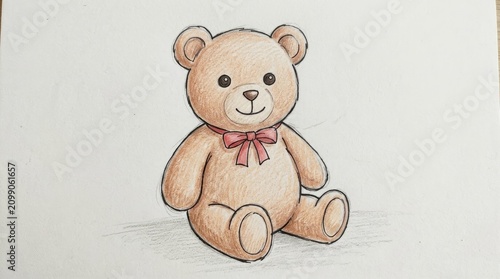 A cute teddy bear with a red ribbon, sitting on a white surface with a soft background.