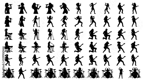 Cuadro en lienzo Pop Singer Woman with Musicians Silhouette Vector Set Featuring Vocalist Keyboar