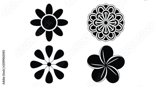 Set of black and white flower icons vector illustration isolated on a clean white background for decorative graphic design.