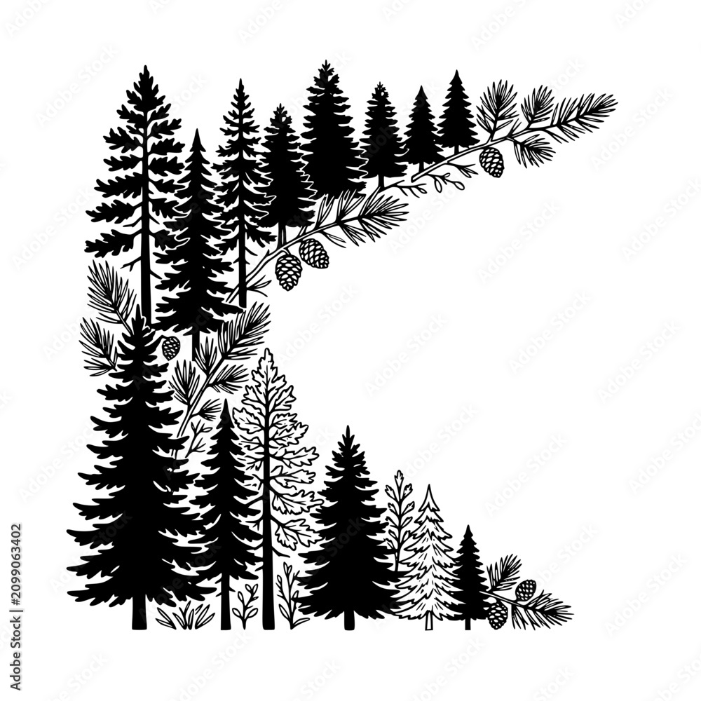 Obraz premium Black and White Pine Forest and Trees Illustration with Pine Cones