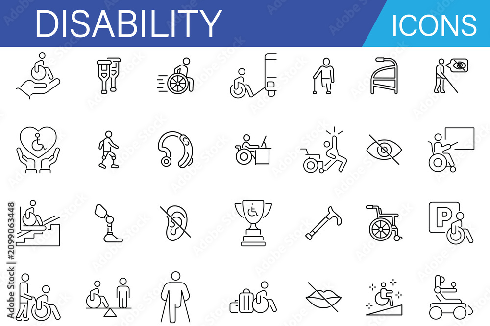 Fototapeta premium Line icon set of monochrome disability. Deaf and blindness and mobility impaired people with disabilities, inclusivity line icon set vector illustration. 