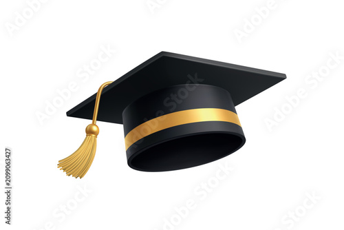 Graduation cap with gold tassel, academic education achievement icon. Realistic 3D illustration