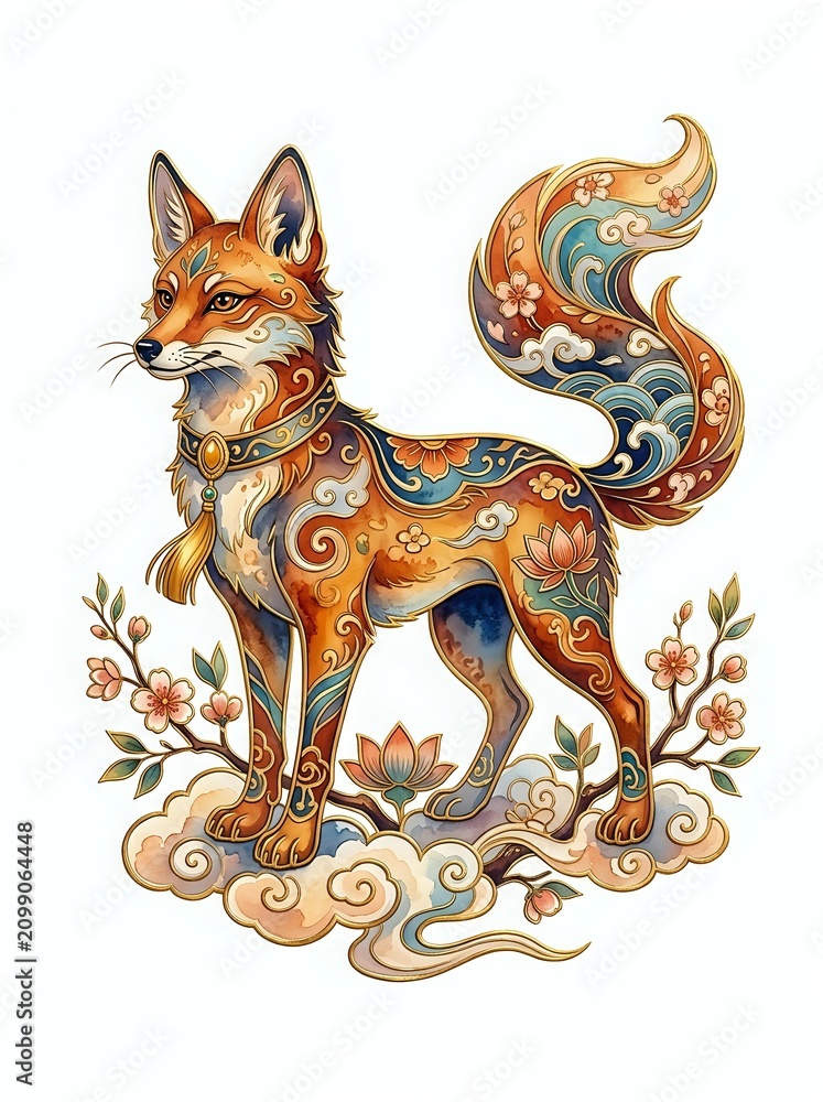 Fototapeta premium Ornate fox with decorative patterns, floral elements, and swirling details in warm tones. Isolated artwork suitable for prints, textiles, and design projects.