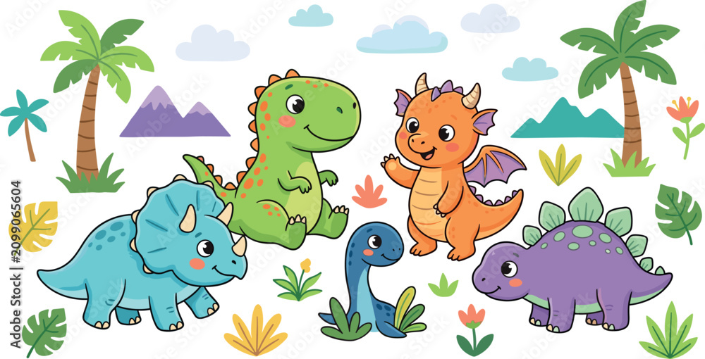 Naklejka premium Happy cartoon dinosaurs illustration collection for kids nursery decor with palm trees mountains leaves and prehistoric creature characters clipart