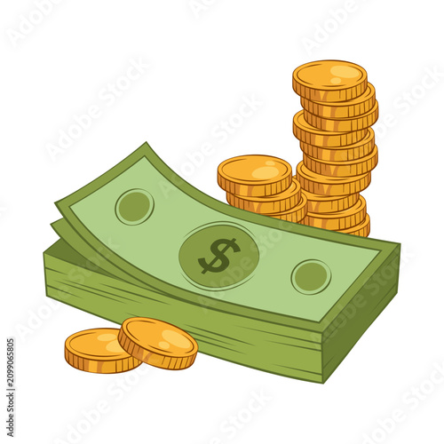 Stack of cash and gold coins. Vector finance illustration for banking, investment, savings, income and business growth concepts