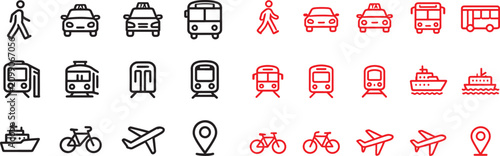 Canvastavla Public transportation and travel vector icon set with car taxi bus train airplan