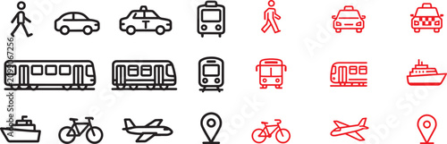 Fotografía Public transportation and travel vector icon set featuring black and red outline