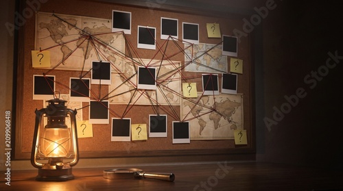 Detective Investigation Corkboard with Photos and Red String
