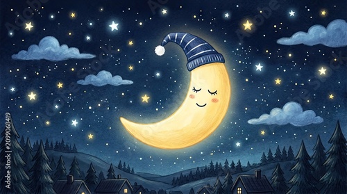 A cute, cartoonish crescent moon with a blue hat and a smiley face, floating in a starry night sky with clouds and stars, surrounded  .