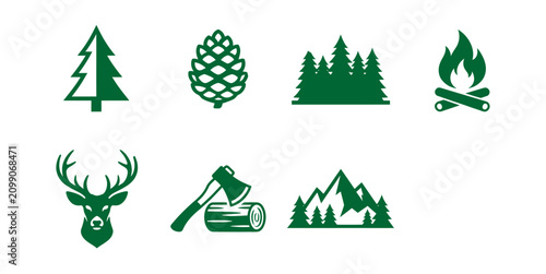 Photos Forest and outdoor camping icons in green