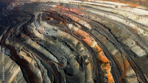 Iron ore quarry, iron ore mining, aerial view from drone