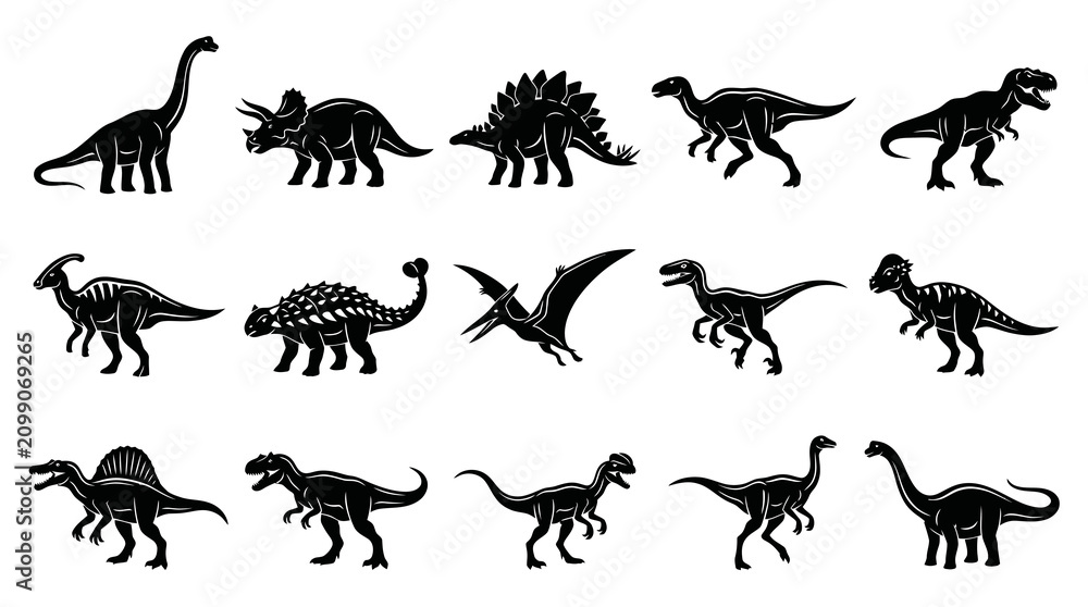 Obraz premium Black and White Dinosaur Silhouette Vector Icons Set - Prehistoric Animal Glyphs Collection