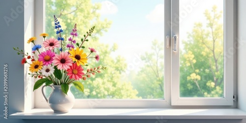 Vibrant bouquet of wildflowers in a ceramic pitcher sits on a sunlit windowsill, showcasing a bright and cheerful springtime scene with lush greenery visible outside the window.