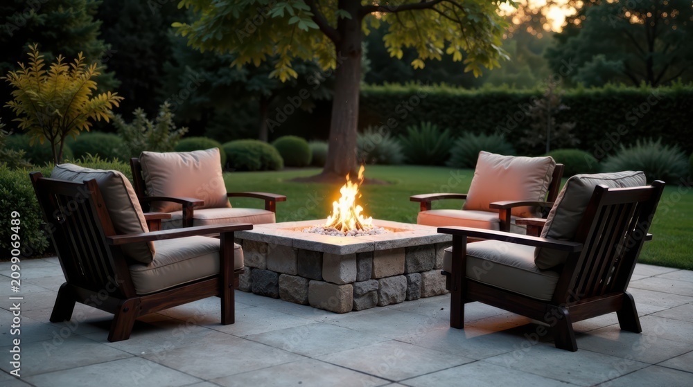 Fototapeta premium Serene evening ambiance featuring a warm fire pit surrounded by comfortable outdoor armchairs on a stone patio