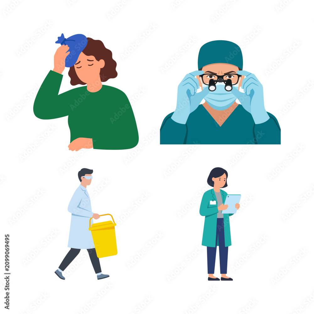 Fototapeta premium Diverse Set of Medical Professionals and Patient Illustrations for Healthcare and Clinical Concept Design