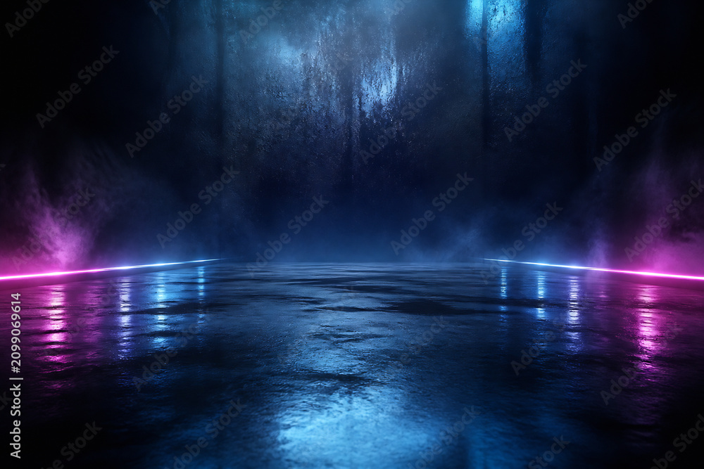 Obraz premium A dark, atmospheric scene with a reflective wet floor illuminated by vibrant blue and pink neon lights in a misty environment.