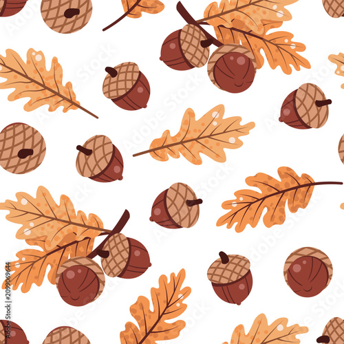Oak Branch with Leaves and Acorns Seamless Pattern Flat Vector. Harvest Festival and Thanksgiving Texture for Seasonal Branding, Autumn Design. Repeat Background for Wallpaper, Textile, Wrapping Paper