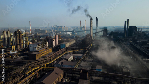 фотографія Factory, industrial enterprise, metallurgical plant, smoke from chimneys, aerial photography from a drone