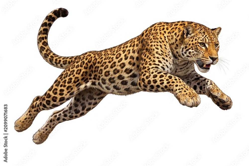 Fototapeta premium Leaping leopard showcasing dynamic motion.