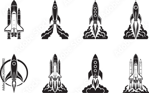 Photos Minimalist Rocket Launch Collection Featuring Space Exploration Black Silhouette
